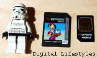 Size comparison of the game cards with a SIM ... and Lego Stormtrooper